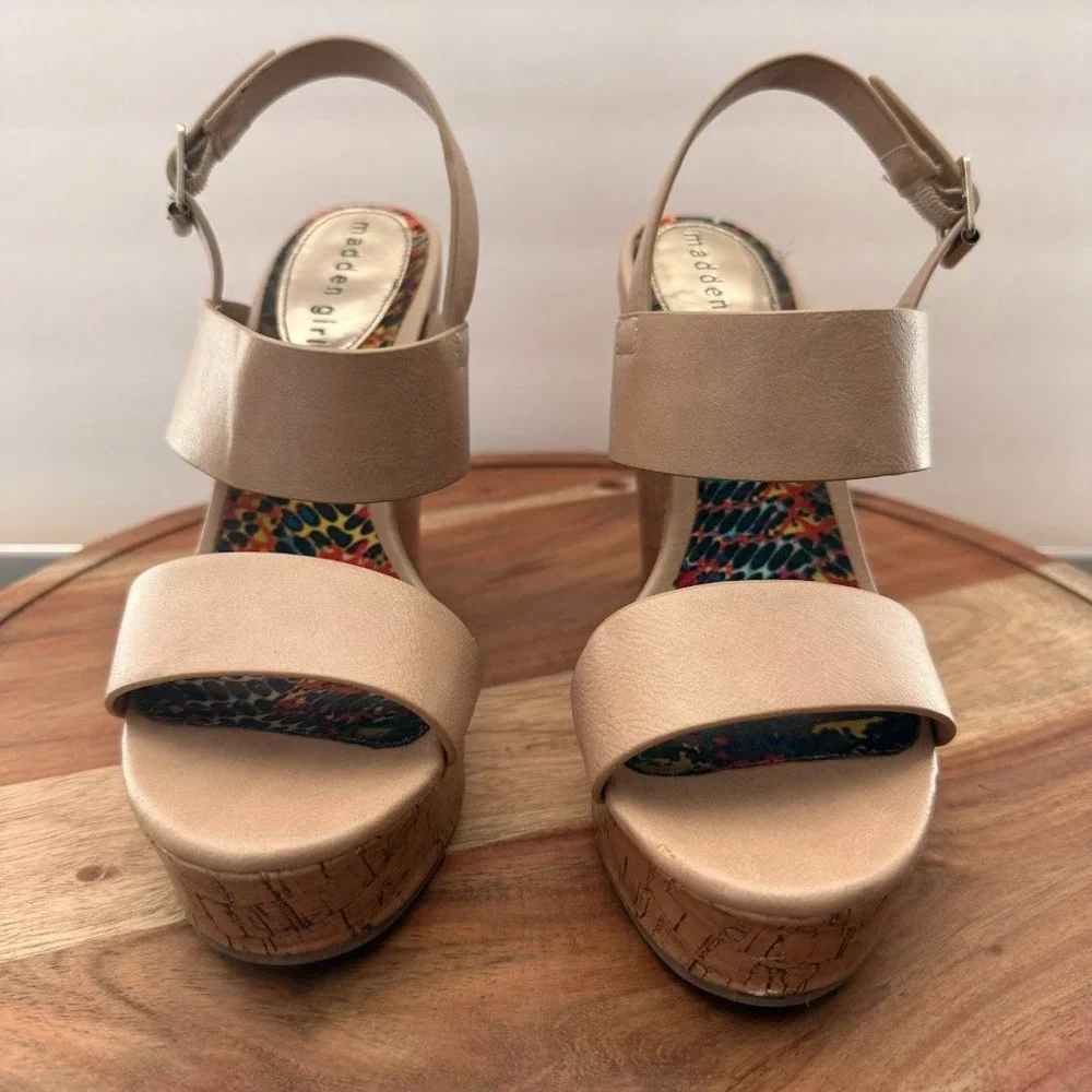 Madden Girl Elementt Tan Cork Platform Wedge Sandals Womens 7M Nude Boho Summer